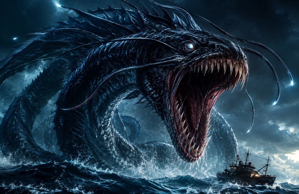 EmpireObaR's tweet photo. 🌊 THE MONSTER OF THE DEEP?

This terrifying creature looks like something straight out of a horror movie—but it isn’t a real animal. It’s a fictional deep-sea leviathan, inspired by some of the ocean’s most fascinating creatures.
Its massive body and tentacles resemble the giant squid, its glowing features are inspired by deep-sea anglerfish, while its jaws and teeth borrow from powerful marine predators. Its enormous, serpent-like form also reflects ancient sea-serpent and leviathan legends.