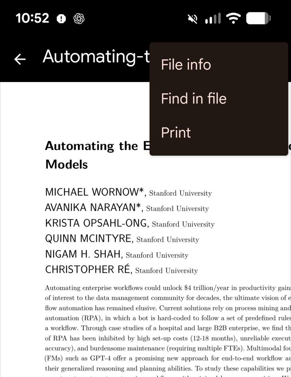 Lucasdickey's tweet photo. Now feels like a better time than ever to re-read the  "Automating the Enterprise with Foundation
Models" paper.

Also, really good ChatGPT/Claude use case: reformatting original PDF or blog post for more readable/legible print job. https://t.co/6Y5haTbmPi