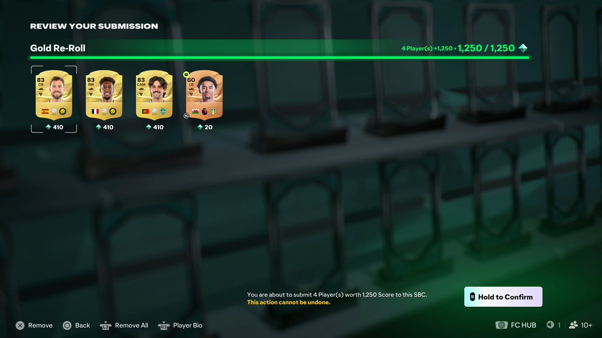 NepentheZ's tweet photo. The "Gold re-roll" Streamlined SBC is unreal, especially for coins / tradable card value.

Gold 75 discards at 533 Coins
Gold 83 discards at 589 Coins

Gold 75 = 90 Gems
Gold 83 = 410 Gems

Gold 83 to purchase = 650/700 Coins

Constantly selling / quick selling unsellable gold cards to enable you to buy 83 rated golds makes this 78+ x2 SBC come in at 2,150 - 2,300 coins.

You need 3x 83s and 1x Bronze.

That's INSANE value for a 78+ x2, especially this early in the game cycle! 

You're also guaranteed 280 Gem value back as a bare minimum!