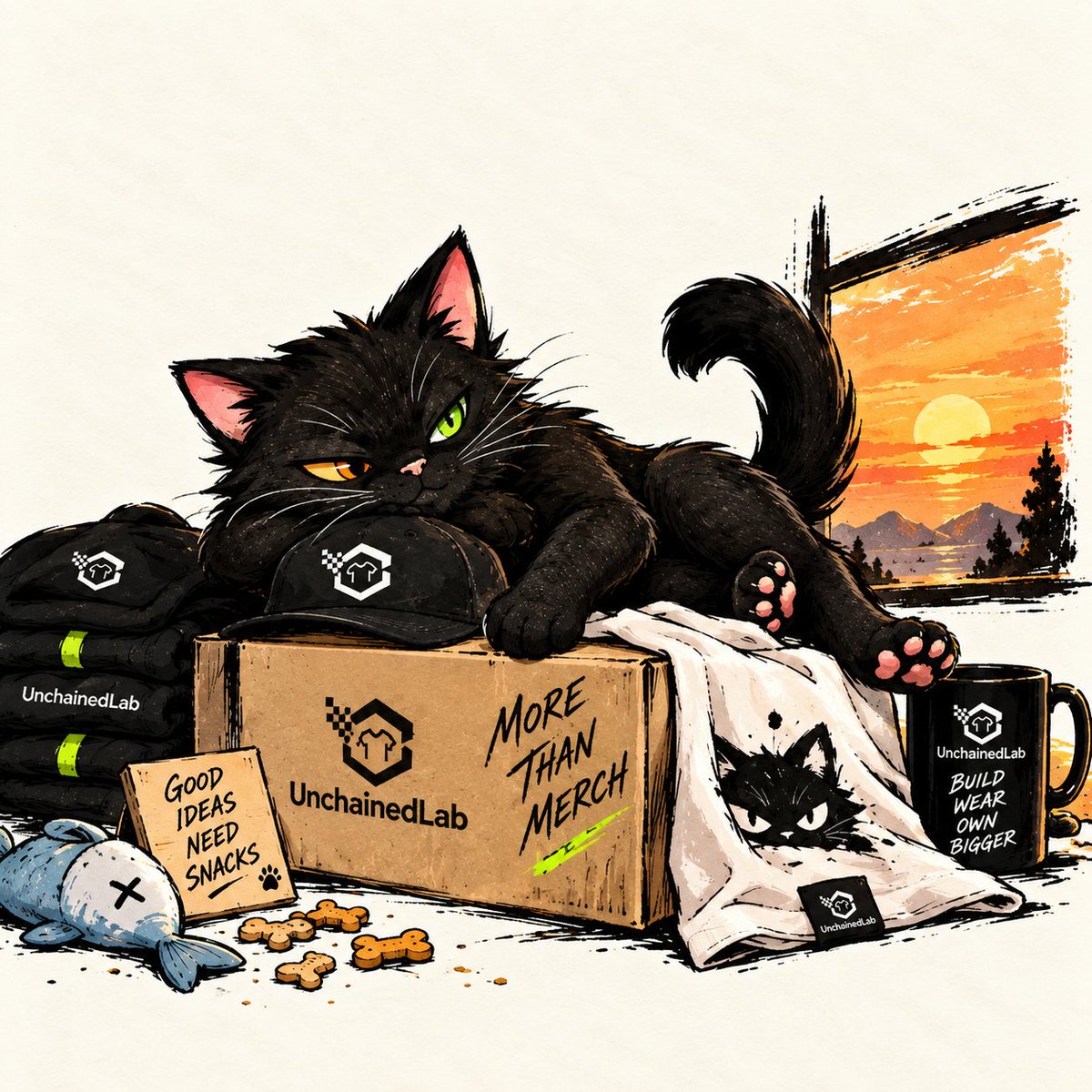 Iwillrug_u's tweet photo. IWRU came to support @UnchainedLab… and somehow ended up claiming the whole merch box. 😂🐈‍⬛📦
I was told “More Than Merch.”
I heard “More Merch For The Cat.” 😼
#UnchainedLab #Robinhood #Merch #Streetwear #MerchDesign #IWRU https://t.co/N21QFVASGa