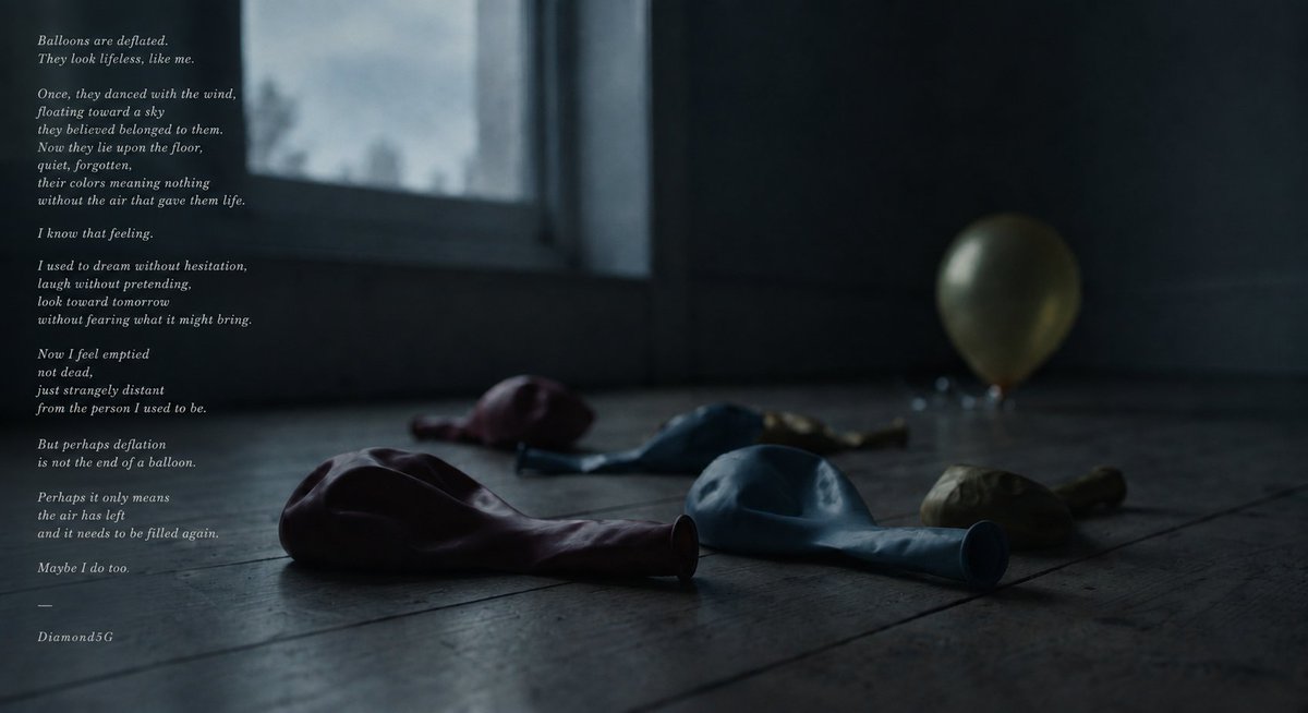 Diamond5G's tweet photo. Balloons are deflated.
They look lifeless, like me.

Once, they danced with the wind,
floating toward a sky
they believed belonged to them.
Now they lie upon the floor,
quiet, forgotten,
their colors meaning nothing
without the air that gave them life.

I know that feeling. https://t.co/i0ZQt1hEiX