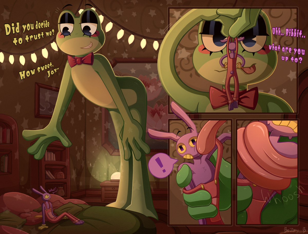 Bezzbet's tweet photo. ☆Comic part 1-2☆

"Jax had a hard day, so he’s embarking on his unique digital adventure~"

☆☆☆
#sizetwitter #vore #voreart #theamazingdigitalcircus #tadc #Ribbit #Jax https://t.co/eo2i8qIE3K