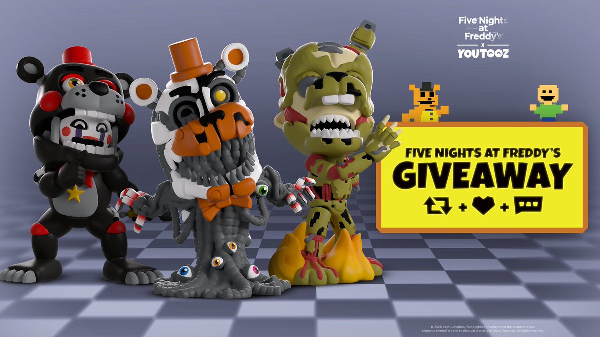 youtooz's tweet photo. 🍕 FNAF COLLECTION GIVEAWAY 🍕

to win all 3 new figures for free 👉 retweet this post, like it and comment FNAFTOOZ 🔥 no limits on entries 

3 winners announced tuesday 🫡 goodluck! https://t.co/4P2usUx4vx