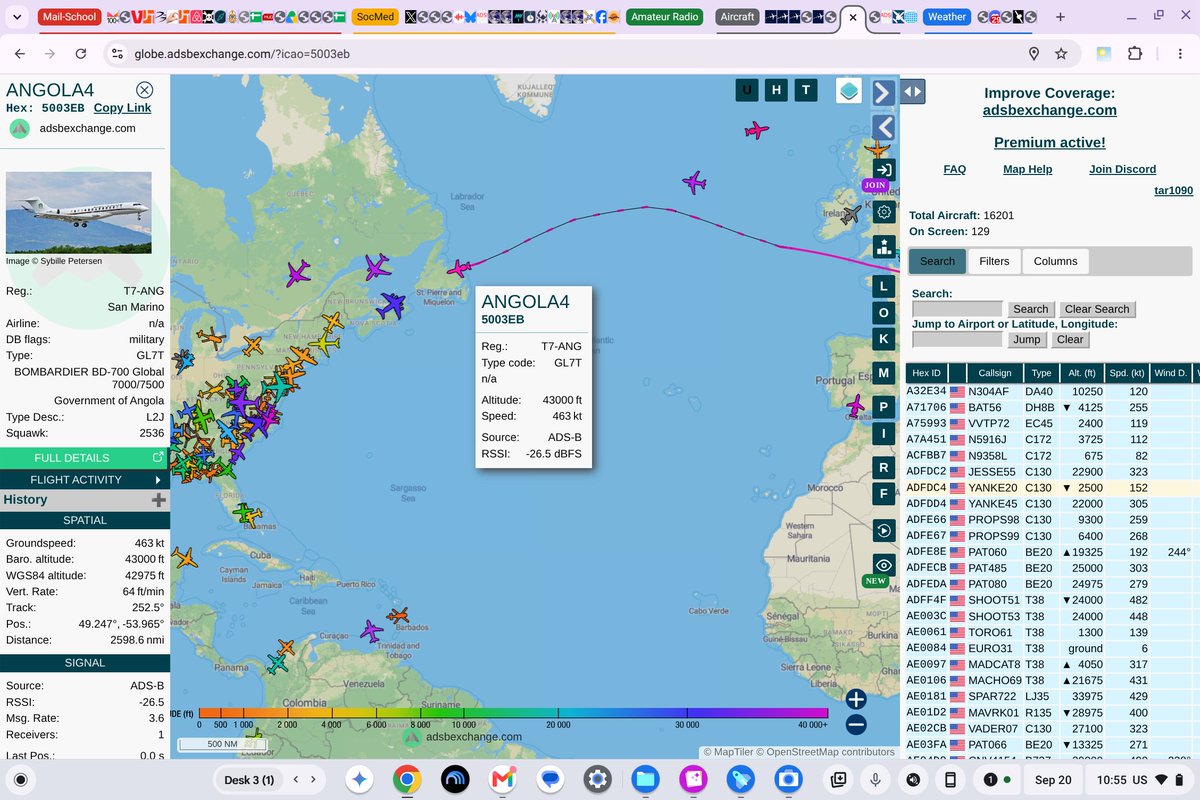 PeterVogel's tweet photo. Bit of an odd one. High-end Bombardier, labelled as military/government, Angola, with a San Marino reference, over Newfoundland. T7-ANG. #5003EB.
@thenewarea51 @TheIntelFrog @steffanwatkins https://t.co/KBgY7n8ZGG