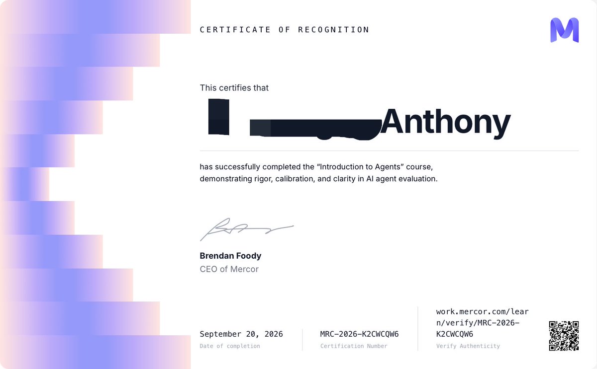 EcommerceIord's tweet photo. After getting multiple rejections on my applications to projects on @mercor 

I just took their AI agent course and got certified

Hopefully I can start getting projects from now on

I’ll be updating yall as my journey with them develops.

Stay tuned https://t.co/BM5kwbqYoe