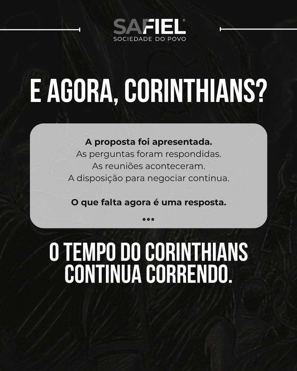 Safiel_1910's tweet photo. A SAFiel fez sua parte até aqui.

Apresentou uma proposta, participou das reuniões, respondeu formalmente aos questionamentos e voltou a procurar o Clube para dar continuidade às tratativas.

Estamos prontos para avançar com responsabilidade, segurança jurídica e compromissos para os dois lados.

Agora, a decisão precisa avançar também.