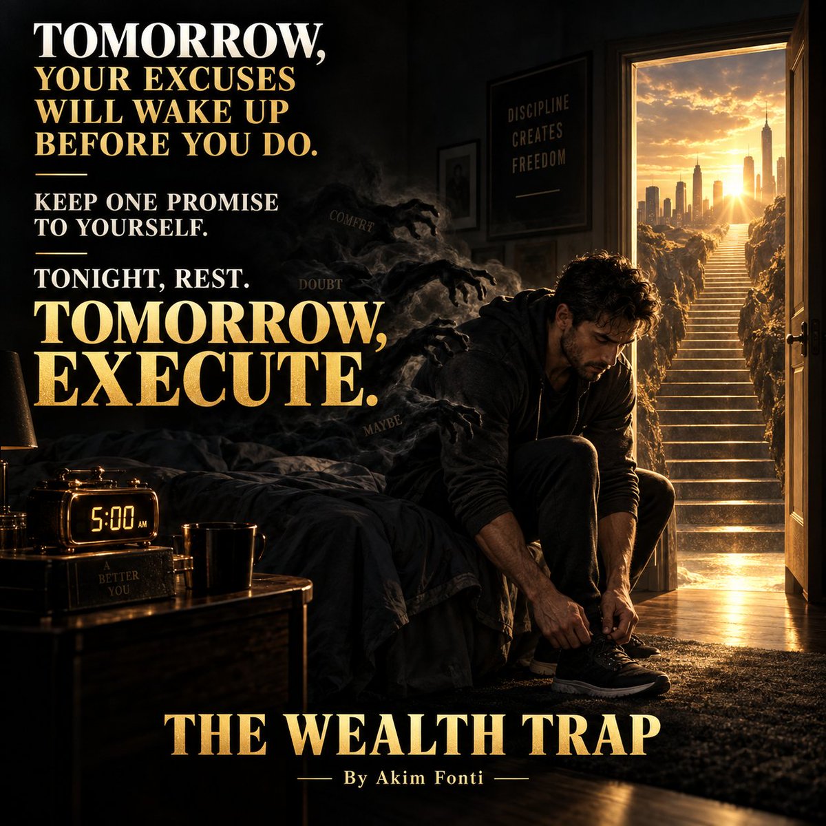 AkimFonti's tweet photo. TOMORROW DOES NOT NEED A NEW YOU.

IT NEEDS A MORE DISCIPLINED YOU.

You do not need to wake up with unlimited motivation.

You do not need the perfect plan.

You do not need everyone to believe in you.

You only need to stop negotiating with the promises you made to yourself.

Tomorrow morning, your excuses will wake up before you do.

They will tell you that you are tired.

That you can start next week.

That one more day will not matter.

That your dream can wait.

But every time you surrender to that voice, you teach yourself that your word means nothing.

And every time you act despite it, you become stronger.

So make one decision tonight:

Tomorrow, you will keep one promise to yourself.

Wake up when the alarm rings.

Take the walk.

Train your body.

Read the chapter.

Make the call.

Start the project.

Save the money.

Do the work.

It does not have to be impressive.

It has to be done.

Success is rarely built through one heroic moment.

It is built on ordinary mornings when nobody is watching and quitting would be easier.

Your future is not waiting for another motivational speech.

It is waiting for evidence that you are serious.

Give it that evidence tomorrow.

Then do it again the next day.

You do not transform your life by thinking about the person you could become.

You transform it by proving—one disciplined action at a time—that you are already becoming that person.

Tonight, rest.

Tomorrow, execute.

https://t.co/yXknuA2WKW

THE WEALTH TRAP
By Akim Fonti
#TheWealthTrap #MondayMotivation #Discipline #TakeAction #KeepYourPromises #BuildYourFuture #NoMoreExcuses #SuccessMindset #PersonalGrowth #AkimFonti