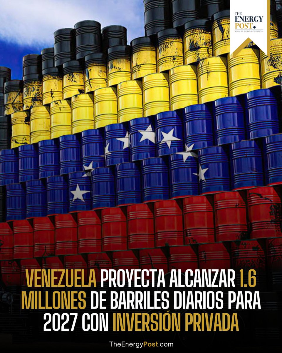 TheEnergyPost_'s tweet photo. 🇻🇪‼️ | Venezuela busca aumentar su producción petrolera a 1.6 millones de barriles diarios para 2027, basado en planes concretos de perforación, reactivación de pozos e inversiones multianuales impulsadas por operadores internacionales y empresas mixtas. Chevron, la principal empresa estadounidense en el país, extrae actualmente 280,000 barriles diarios, y planea invertir más de 7,000 millones de dólares para aumentar su producción a 600,000 barriles diarios hacia 2031.