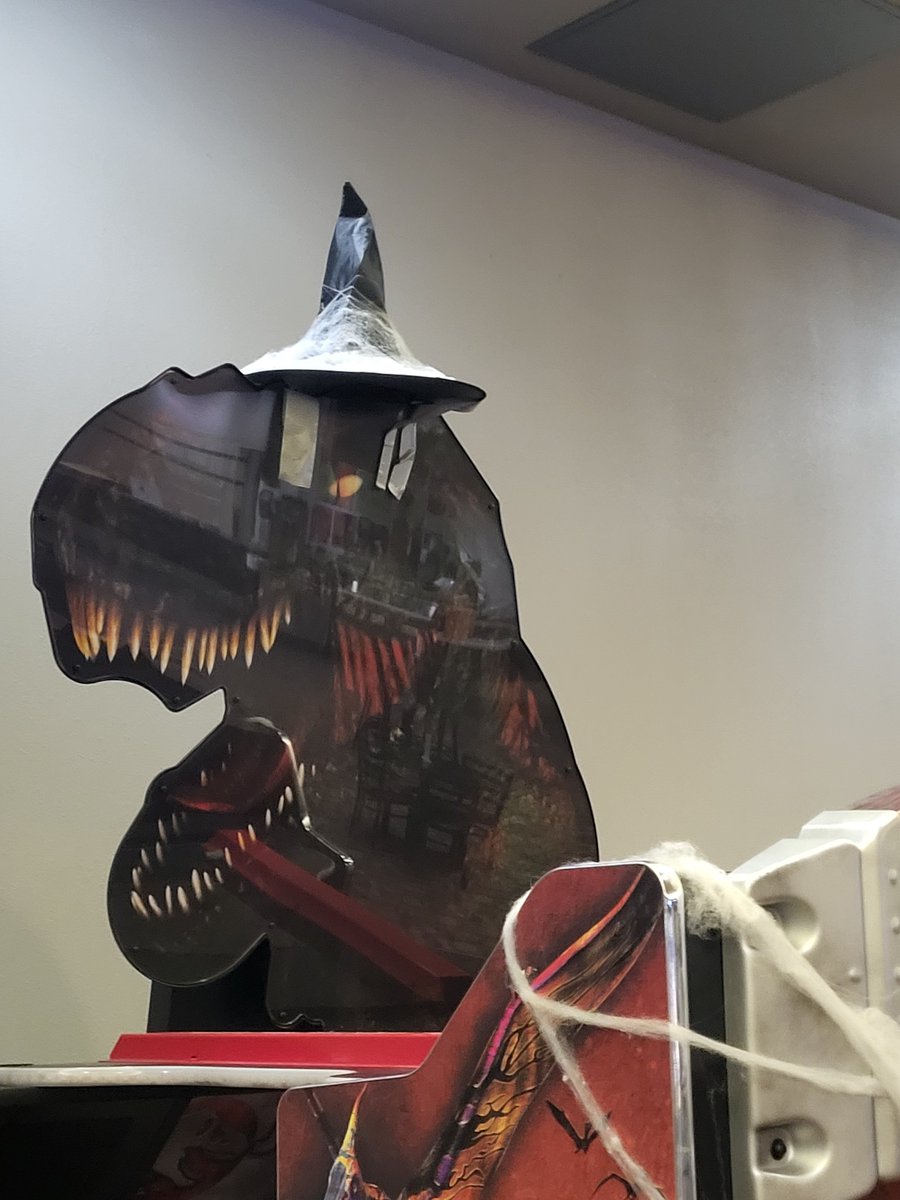 HorrorAddictsTV's tweet photo. We Saw Resident Evil last Friday!  It was awesome.  🧟‍♂️ 
I dunno... T-Rex with a witch hat is pretty cool. https://t.co/rb7JuOfkhd