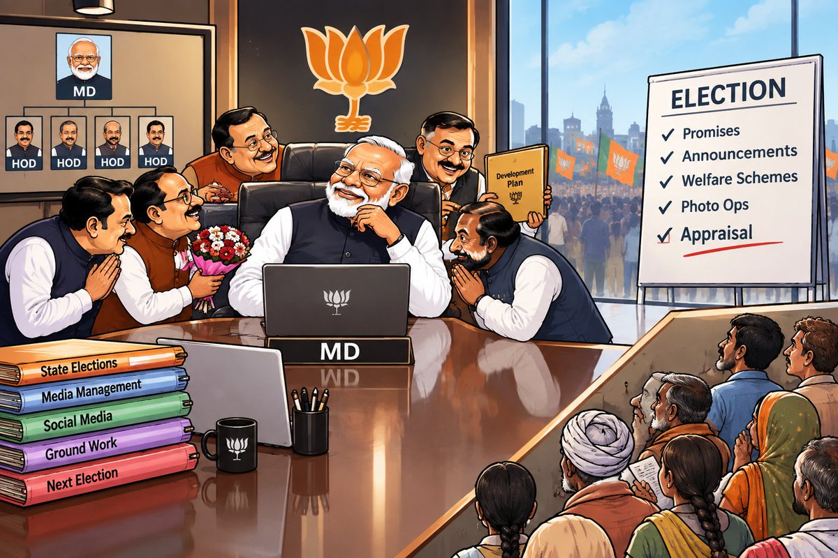 tryaks89's tweet photo. BJP looks less like a political party and more like a corporate company.

Modi Ji = MD, Cabinet = HODs. Everyone seems busy pleasing the boss instead of working for the nation.

Election season arrives—and the appraisal season begins!

@jansuraajparty do you have same ? https://t.co/FelKg3viit