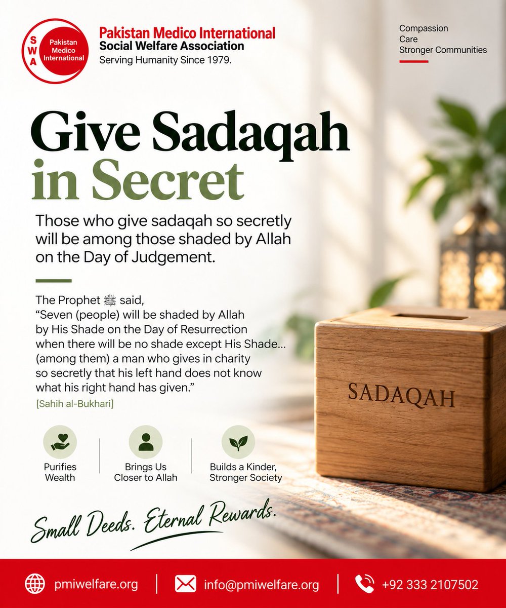 PMISWA1979's tweet photo. Give quietly, give sincerely. ❤️

A small act of Sadaqah can carry a reward far greater than we can see.

Pakistan Medico International Social Welfare Association
Serving Humanity Since 1979. https://t.co/PVS2BIwjNl