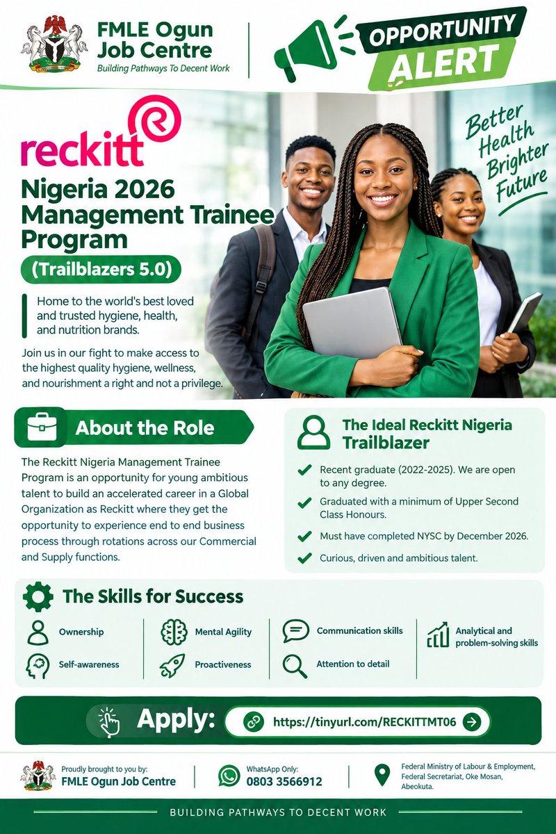pathways2job's tweet photo. Reckitt Nigeria Management Trainee Program

Apply: https://t.co/NsRdt1apnE https://t.co/5xSim9MdoV
