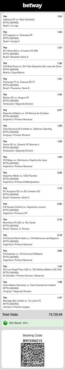 BTTSPLUG_'s tweet photo. I just placed a bet with Betway. Tap here to copy my bet or search for this booking code in the Multi Bet betslip BW74392C15 https://t.co/g6jmofAZnY

Both teams to score 🔥🔥👨🏽‍🍳

73,725.95 odds 💸💸💸

Kickoff starts 21:00 🕘 ⚽️🥅 https://t.co/WuMnoe2ied