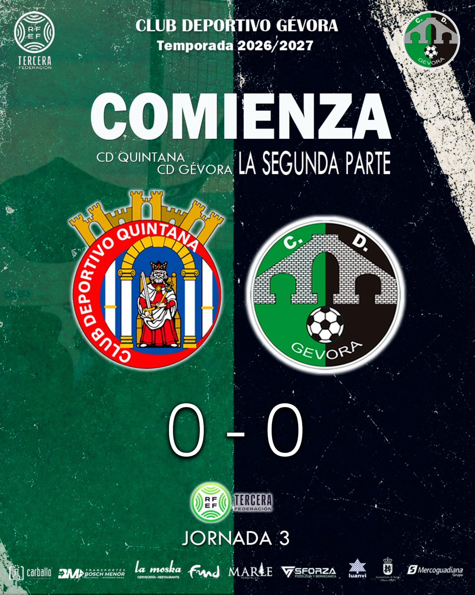 CdGevora's tweet photo. 🔜 𝐂𝐎𝐌𝐈𝐄𝐍𝐙𝐀 𝐋𝐀 𝐒𝐄𝐆𝐔𝐍𝐃𝐀 𝐏𝐀𝐑𝐓𝐄

🛘 @CDQuintana2024 0-0 @CdGevora 💚 

#Jornada3 
#CDQCDG  
#OrgulloDePertenencia https://t.co/LXwf9wjzI4