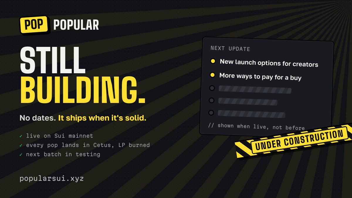 popular_sui's tweet photo. We've been quiet because we've been building.

Coming to POPULAR: new launch options for creators, more ways to pay for a buy, and changes under the hood you'll feel on every trade.

No dates. It ships when it's solid.

https://t.co/XYVzdjnZAw https://t.co/o1tPWQreEs