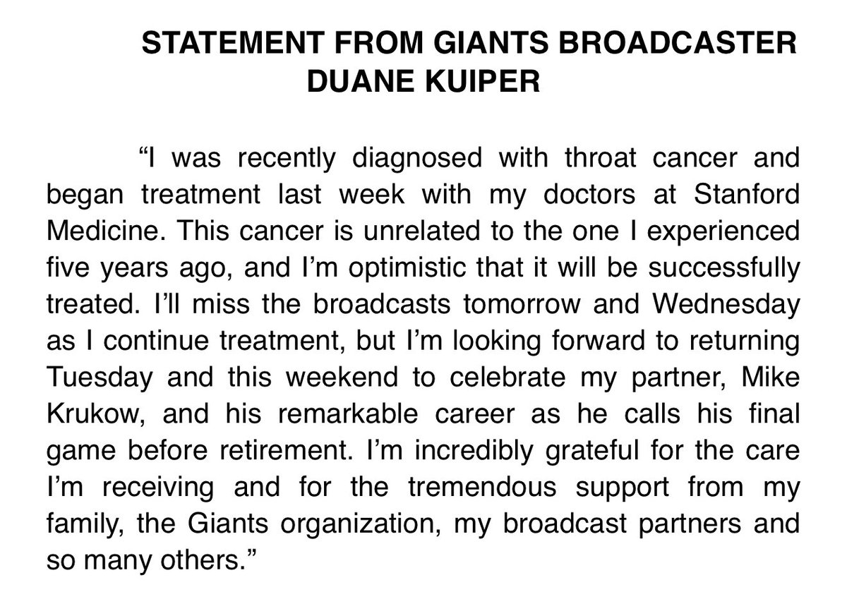 BNightengale's tweet photo. Prayers to beloved Giants broadcaster Duane Kuiper https://t.co/BFzbAG7y2H
