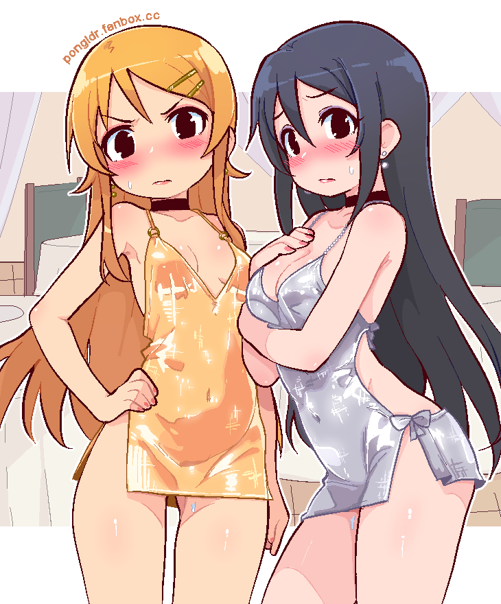 Haxdyad's tweet photo. covered navel, black choker, watermark, small breasts, side slit, hairclip · art by pongldr #aragakiayase #kousakakirino #anime #animeart #waifu https://t.co/YYK470EWyw