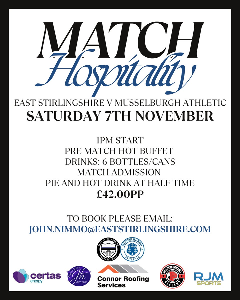 TheShireFC's tweet photo. 🍻 | 𝗠𝗔𝗧𝗖𝗛𝗗𝗔𝗬 𝗛𝗢𝗦𝗣𝗜𝗧𝗔𝗟𝗜𝗧𝗬

We are delighted to announce our next hospitality event on Saturday 7th November against @MusselburghAth

All supporters are welcome.

Tickets are £𝟰𝟮𝙥𝙥

To book please email: john.nimmo@eaststirlingshire.com 

#EaseUpShire https://t.co/o7aP2cWKDz