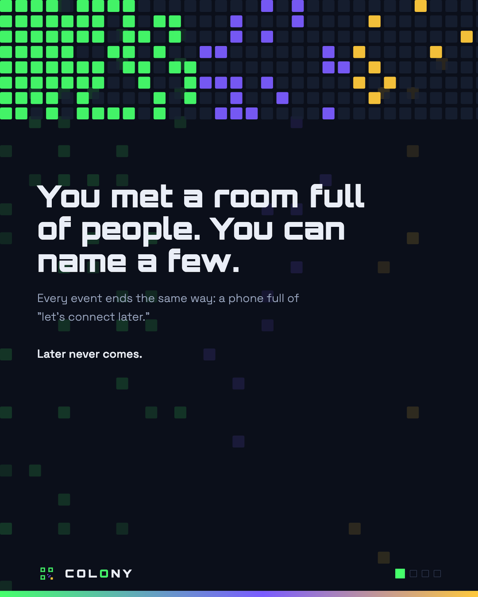 colonyofficial_'s tweet photo. You met a room full of people. You can name a few.

On #COLONY you scan each other's code, face to face. Both of you score.

No screenshots. No "let's connect later." You have to be standing there.

Claim the room. → https://t.co/duzuFXOTAj https://t.co/DYhXCnTeJL