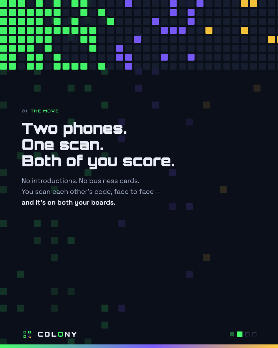 colonyofficial_'s tweet photo. You met a room full of people. You can name a few.

On #COLONY you scan each other's code, face to face. Both of you score.

No screenshots. No "let's connect later." You have to be standing there.

Claim the room. → https://t.co/duzuFXOTAj https://t.co/DYhXCnTeJL