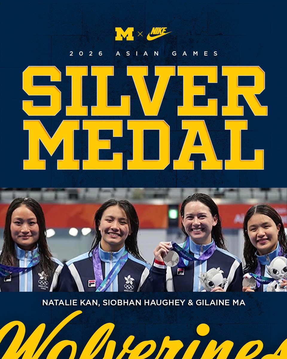 umichswimdive's tweet photo. Michigan first-year Gilaine Ma joined alums Siobhan Haughey and Natalie Kan in helping Hong Kong smash the national record in the 4x100 freestyle relay, clocking 3:36.59 on the way to Asian Games silver  

#GoBlue https://t.co/yQePHpKEVl