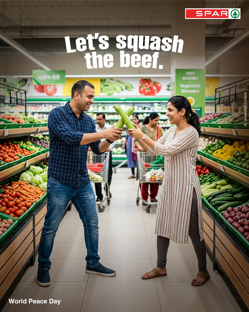 SparIndiaHyper's tweet photo. Keep calm and squash the beef.
Because there’s no room for beef when there’s shopping to be done.
Happy World Peace Day from SPAR. https://t.co/4VWTOtkJvY