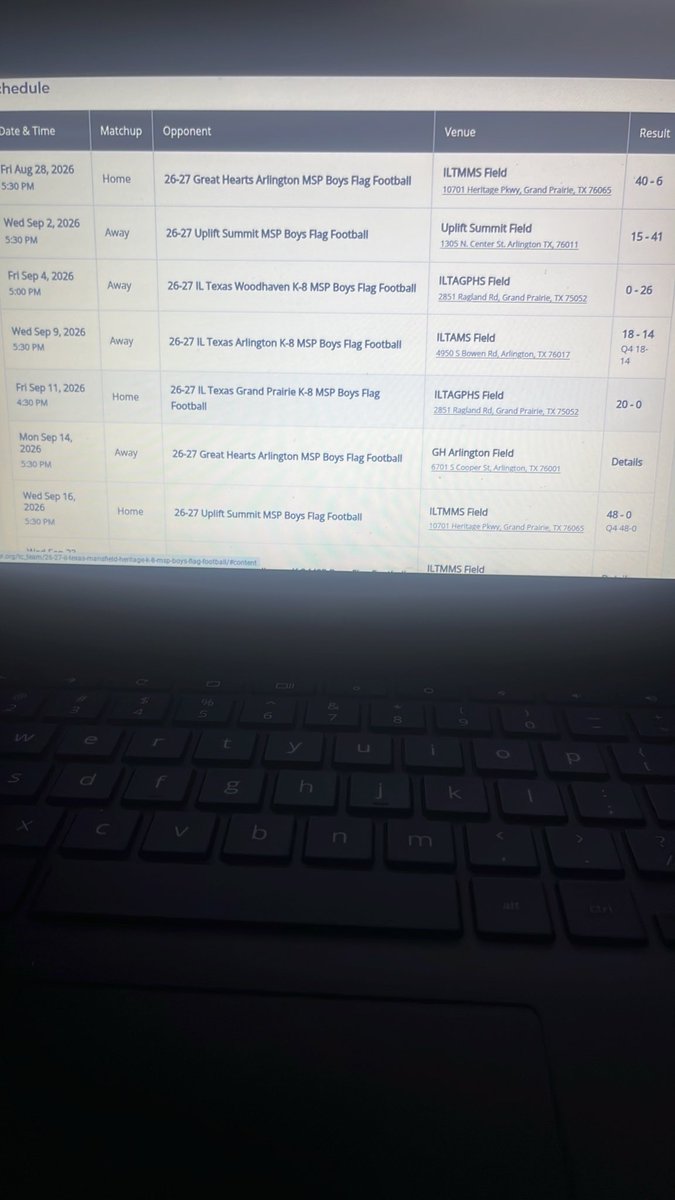 Meccacoooper's tweet photo. Schedule shows the work. 📊
Currently 5-1. Holding down home turf at ILTMMS:
⚡️ 40-6 Win vs GH Arlington
⚡️ 20-0 Shutout vs ILT GP
⚡️ 48-0 Shutout vs Uplift
108-6 scoring run at home. Rematch this Wednesday. Time to protect our field. 🦅🔒 #ClassOf2031 #RecruitTexas #meccacooper https://t.co/j0AbSqEoar