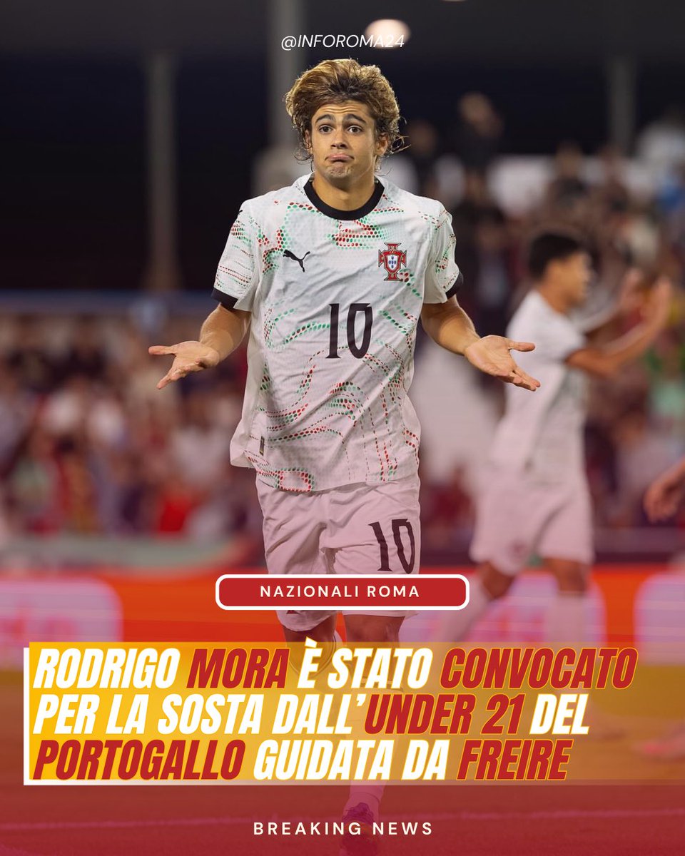 inforoma24's tweet photo. 🟡🔴#Mora è stato convocato dal commissario tecnico #Freire nella rosa del Portogallo Under 21 per le prossime partite di qualificazione al Campionato Europeo di categoria.
🇵🇹 Il giovane trequartista dell’#ASRoma sarà impegnato nelle sfide contro la Bulgari U21 e Gibilterra U21. https://t.co/BK5MZKcnN3
