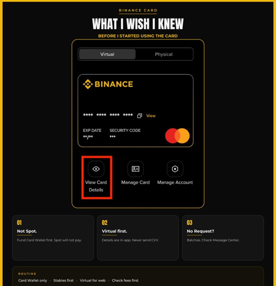 AyeshaAhmed_AX's tweet photo. A few things I wish someone had told me before I started using the card
The card does not pull from Spot on its own
Once it’s approved, you still have to move funds into the Card Wallet inside the Card screen
#Binance #BinanceAcademy #LearnWithBinance #BinanceCard https://t.co/RrW9s44l2G