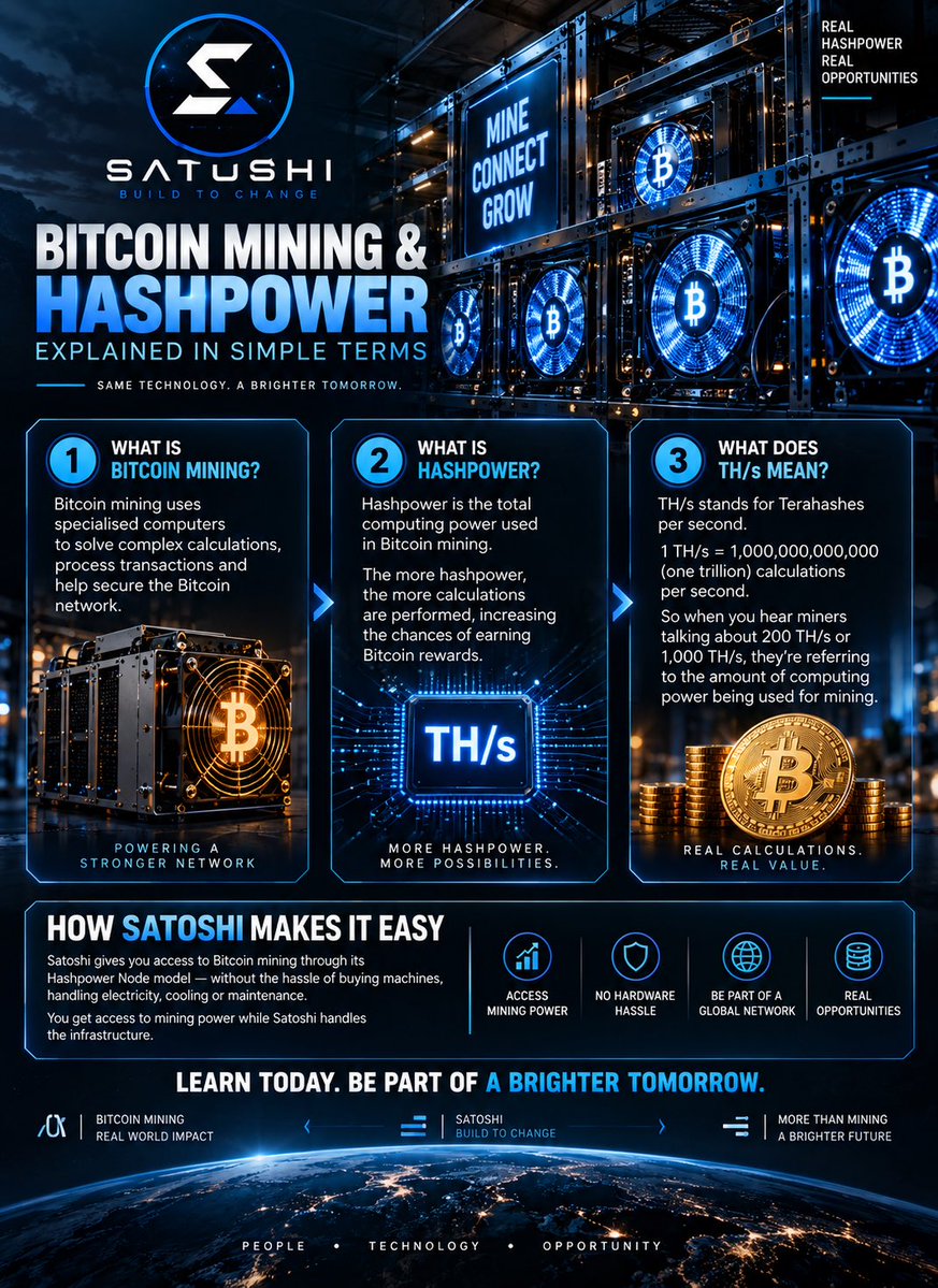 TheRealmOfDefi's tweet photo. SO… WHERE DOES BITCOIN ACTUALLY COME FROM? ⛏️

You’ve probably heard people say:

“Bitcoin mining.”
“Hashpower.”
“200 TH.”
“1,000 TH.”

But what do any of those things actually mean?

Let’s make it simple.

Bitcoin isn’t sitting somewhere waiting for someone to dig it out of the ground.

Bitcoin mining is a process that uses specialised computers to process transactions and help secure the Bitcoin network.

Those machines are constantly performing calculations.

And that computing power is what we call hashpower.

So what does TH/s mean?

TH/s = terahashes per second.

A terahash is one trillion calculations per second.

So when you hear someone talking about 200 TH/s, they’re basically talking about a certain amount of computing power being used for Bitcoin mining.

The more hashpower a mining operation has, the more computing power it is contributing to the mining process.

And this is where @satoshi_btcb comes in.

Instead of everyone having to figure out how to buy mining machines, find a facility, deal with electricity, cooling, maintenance and all the other infrastructure that comes with running a mining operation, Satoshi’s Hashpower Node model is designed around giving users access to mining power while Satoshi handles the physical mining infrastructure.

That means the interesting part isn’t just “How much Bitcoin can I make?”

The better question is:

“Do I actually understand how Bitcoin mining works and what I’m participating in?”

Because once you understand mining → hashpower → TH/s → mining infrastructure, the whole thing starts making a lot more sense.

And that’s exactly the kind of knowledge we want people to have before they jump into anything.

Learn first. Understand what you’re getting into. Then decide if it’s for you.

That’s the Satoshi story in a nutshell. ⛏️👑

#TheDeFiKingz #Satoshi #Bitcoin #BitcoinMining #Hashpower #Web3 #CryptoEducation #LearnCrypto