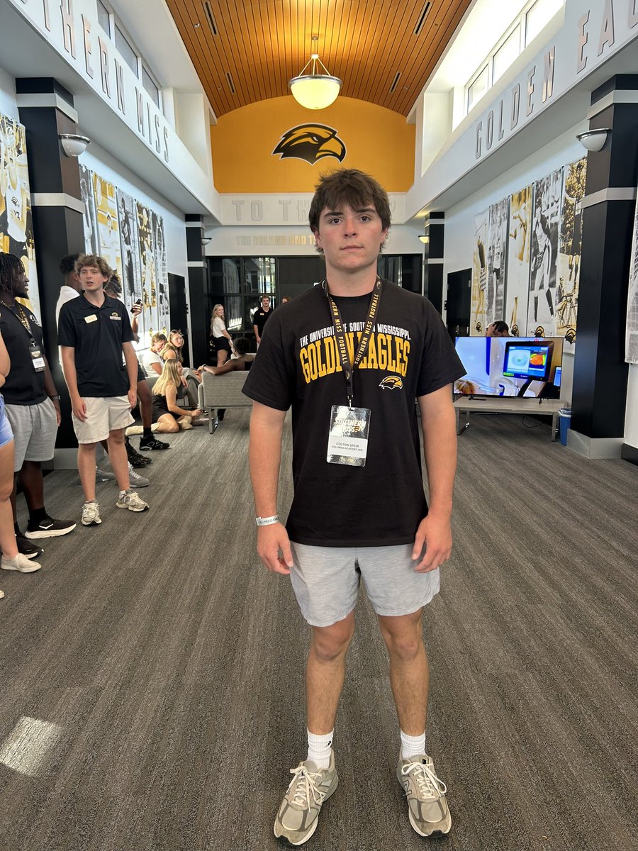 coltonspeir's tweet photo. Had a great time at the @USMGoldenEagles Football game! Thank you @CoachChavis__ and all the other coaches for the official recruitment visit!
@BobbyDodd07 
@SouthernMissFB https://t.co/9r0JqlvhEo