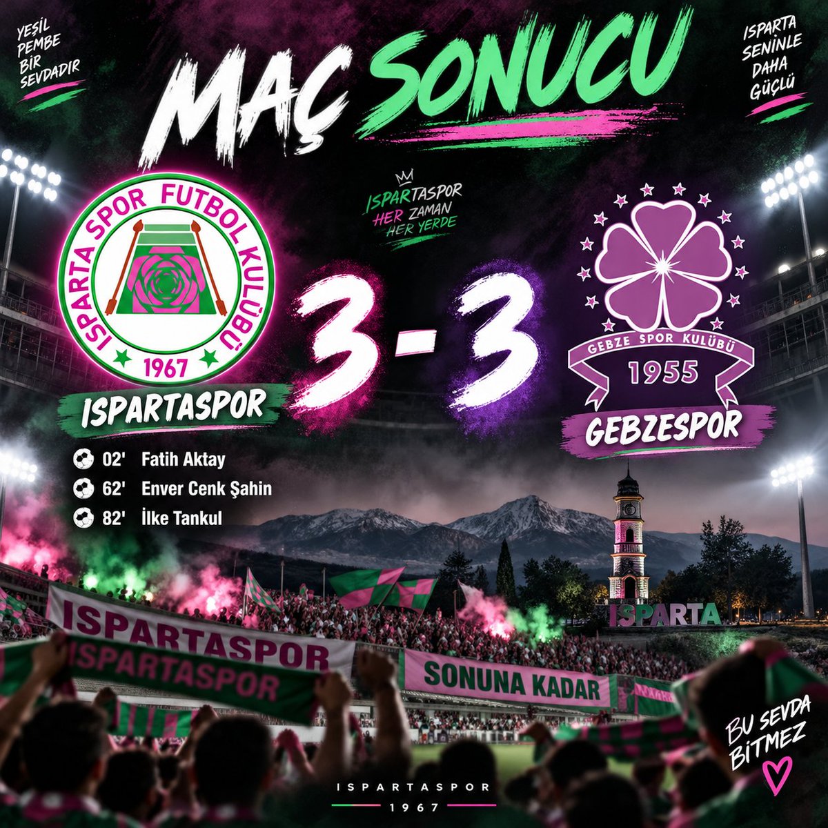 furkaniniz27's tweet photo. Ispartaspor 3-3 Gebzespor

02' Fatih Aktay
62' Enver Cenk Şahin 
82' İlke Tankul

+1 Puan 💚🩷

#Ispartaspor #Isparta #ISPvGEB https://t.co/Kv5xHhHtB9