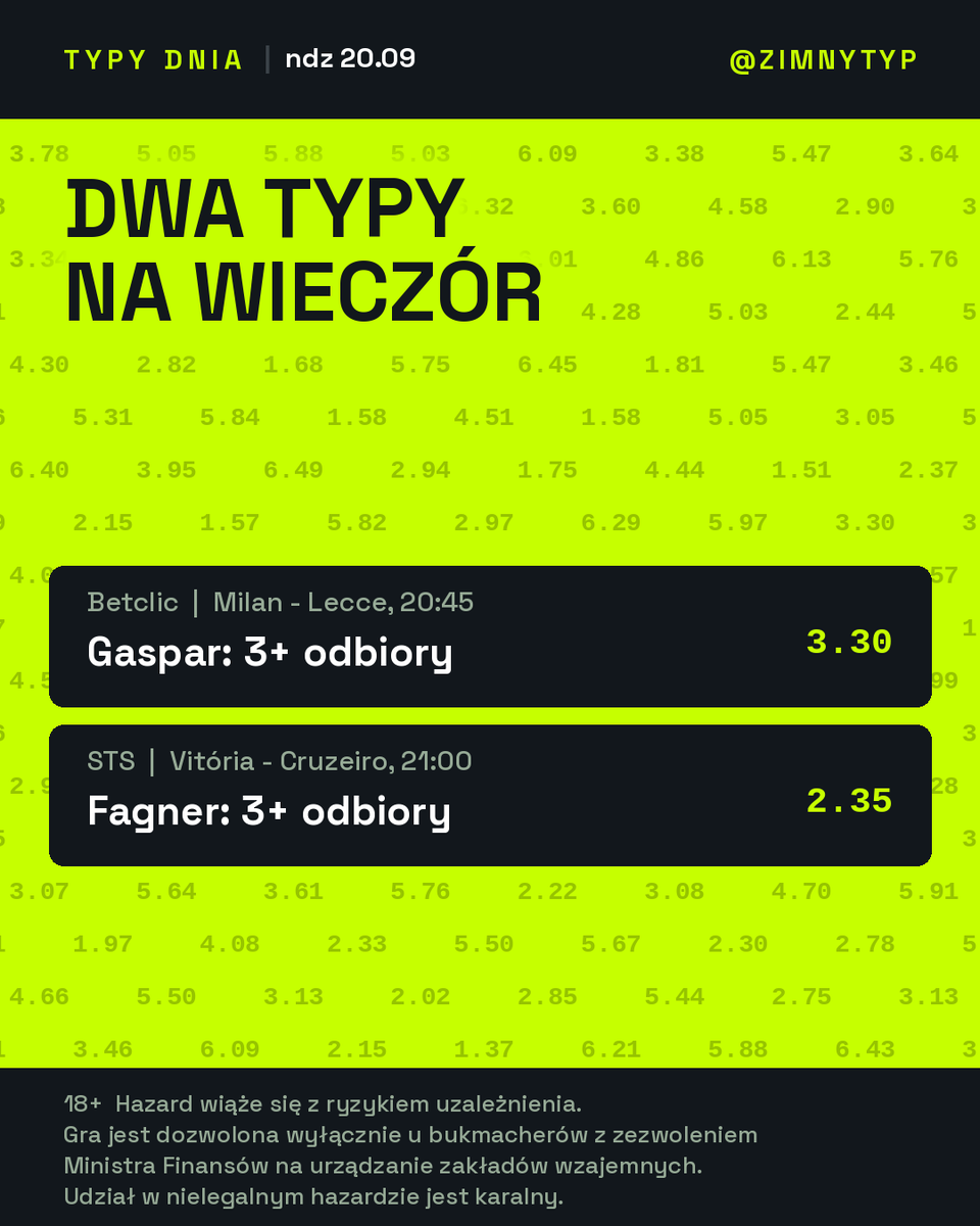 zimnytyp's tweet photo. Dwa typy na wieczór, oba na odbiory obrońców

Gaspar (Lecce) 3+ 3.30 Betclic
Lecce jedzie na San Siro. ��atwo nie będzie. Stoper będzie miał dużo pracy.

Fagner (Cruzeiro) 3+ 2.35 STS
Vitória gra u siebie skrzydłami, Fagner na prawej obronie.

#SerieA #Brasileirao https://t.co/LcEiIu6lus