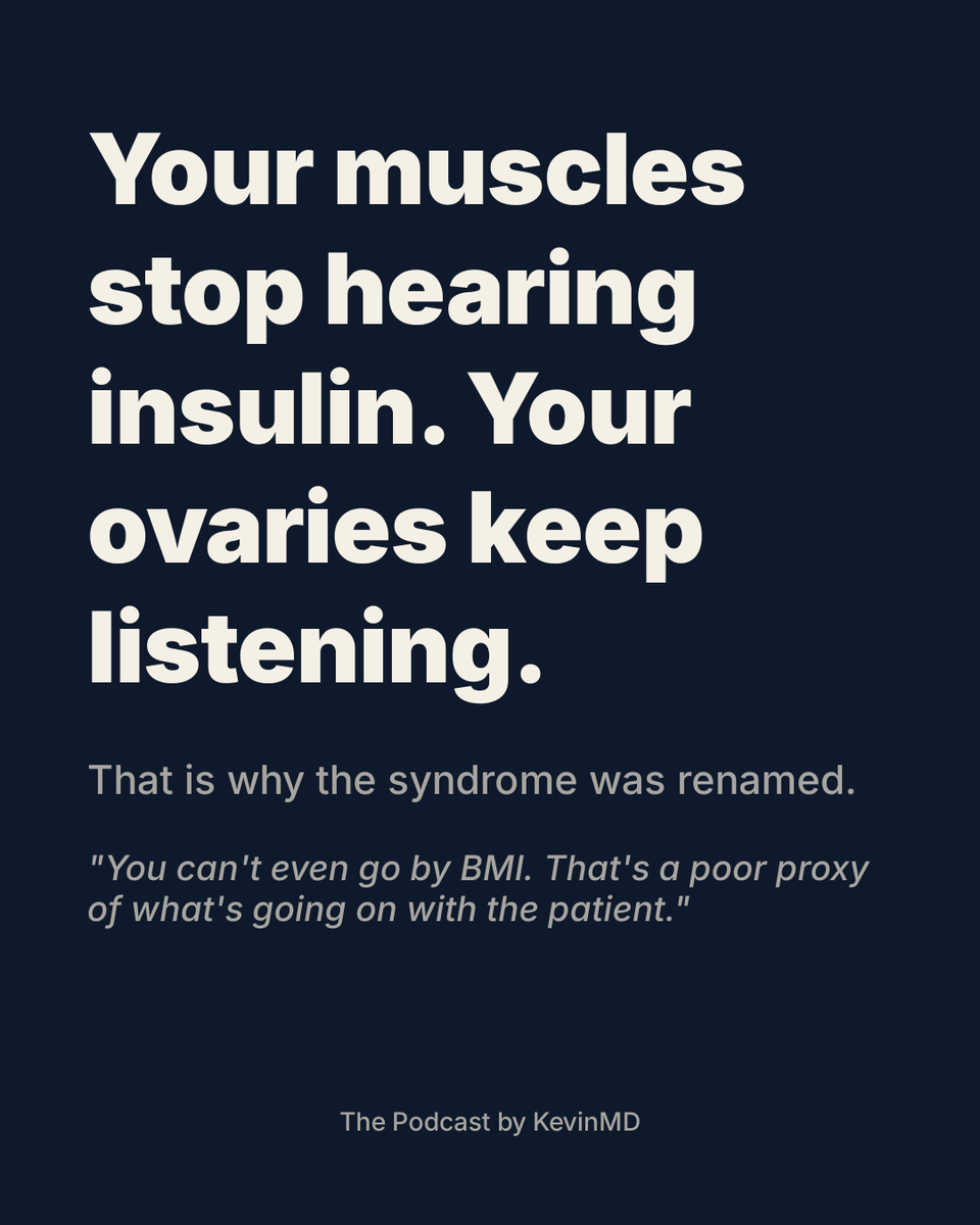 kevinmd's tweet photo. Insulin resistance gets described as a whole-body state. It isn't one. The muscle stops responding. The ovary keeps responding to every bit of it. That gap is where the syndrome lives.
 
Oluyemisi Famuyiwa, a reproductive endocrinologist and infertility specialist, laid out the mechanism on The Podcast by KevinMD, and it reframes what the old name was ever pointing at.
 
Insulin's job in muscle is to move glucose out of the blood. In PCOS there are receptor and post-receptor defects along that route, so the glucose does not get in. The pancreas reads the high glucose as insufficient insulin and produces more of it.
 
But insulin does not act through a single channel. It branches like a river delta, and the branches are weighted differently in different tissues. Some are enhanced in muscle. Others are enhanced in reproductive tissue. When the muscle route jams, the ovarian route is still listening, and it is now being hit with far more insulin than before.
 
At the ovary, insulin amplifies what LH is already doing, which is driving androgen production. Her image for it: gasoline on a fire.
 
At the liver, the same excess insulin reduces sex hormone-binding globulin, the protein that binds free androgens and blunts their effect.
 
Her own description of the net result: "If I want to drive your androgen levels up, a good way to do that is to force your ovaries to produce more androgens and then block the liver from making anything to help soak up these extra androgens."
 
Which is why the workup is wider than most people expect. What she orders:
 
Complete metabolic profile
Free and total testosterone
Androstenedione and 17-hydroxyprogesterone
Fasting insulin and glucose, with a two-hour glucose panel when the suspicion is high
Lipid panel, because this can run with dyslipidemia
Reproductive hormones on day two or three of the cycle, though she does not wait for a period that may not come
 
Two things she will not use as a filter. Fasting glucose alone, because the pancreas keeps adjusting for poor insulin signaling until things are genuinely bad. And weight, because lean patients present with hyperandrogenemia and irregular cycles too.
 
Treatment follows the presentation rather than the label. Metformin sensitizes the body to insulin and can also lower androgen production at the ovary, working at two sites at once. Exercise does something mechanistically separate: when the GLUT4 transporter is jammed, movement opens a cyclic AMP route that gets glucose into muscle anyway. A back door.
 
The reason it is now polyendocrine metabolic ovarian syndrome, PMOS, is that the old name narrowed the field of view. Call it a polycystic ovary problem and clinicians look at the ovary, and the metabolic, hepatic, endometrial and mood pieces go unexamined for years.
 
Her take-home: "It's more than just the ovary, and it's more than just insulin."
 
Listen to the full conversation on The Podcast by KevinMD. Link in the replies.
 
What do you order when a patient has irregular cycles and a normal fasting glucose? #ThePodcastbyKevinMD