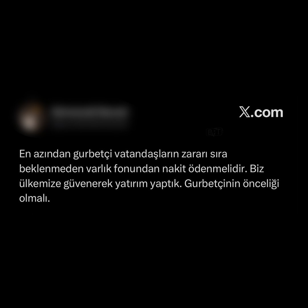 bpthaber's tweet photo. Fon yatırımı yapan bir gurbetçi, zararının Varlık Fonu'ndan karşılanmasını istedi:

"En azından gurbetçi vatandaşların zararı sıra beklenmeden varlık fonundan nakit ödenmelidir. Biz ülkemize güvenerek yatırım yaptık. Gurbetçinin önceliği olmalı." https://t.co/Wp9TaXfQP3