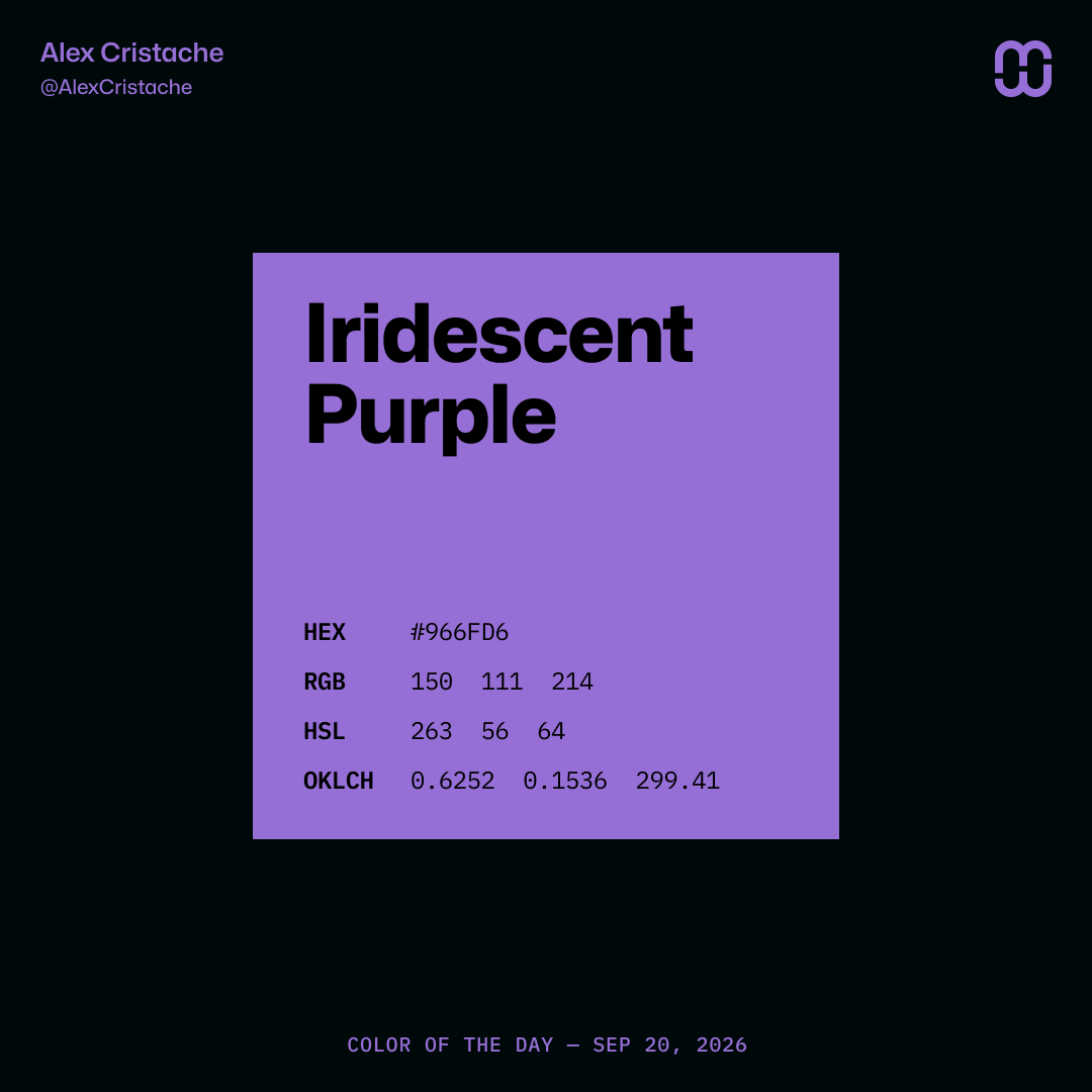 AlexCristache's tweet photo. "Iridescent Purple" – 966FD6 – is the Color of the Day.
Blink and it's gone, like (dark?) magic.
#ColorOfTheDay #ColorInspiration https://t.co/96Bw7y8ws9