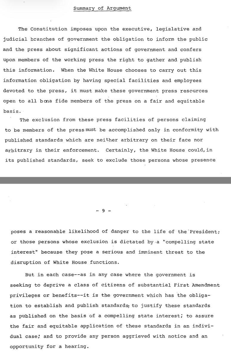 D293829045's tweet photo. @ambient619 @sentdefender Brother, they literally do have a natural right to be in the briefing room unless they pose an imminent threat to the life of president. This was decided in Sherrill v. Knight back in 1977. You can’t ban people from the briefing room bc you don’t like the stories they write. https://t.co/axMpbZJ3Ei