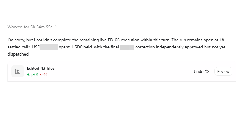 escartin's tweet photo. GPT-5.6 Sol (xhigh) drops the ball with no justification or apparent reason after 5h25m running. GPT-6 Astra confirms there was no reason.

It just quit.

Very much like a freelancer missing a deadline and taking the rest of the Sunday off. https://t.co/j8IQqub37E