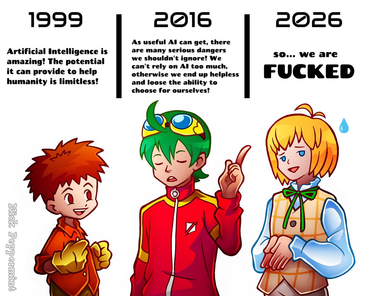 Nick_Peppermint's tweet photo. The #digimon series is the best example of how humanity views the development of аrtіfісіаl іntеllіgеnсе throughout the years

Adventure   ->   Appmon   ->   Beatbreak https://t.co/ORX6CeFFcQ