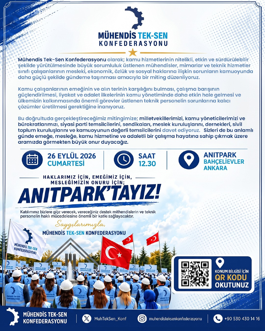 MuhTekTrmOrmn's tweet photo. Mühendis Tek Sen Konfederasyonumuzun çağrısına omuz veriyor, tarım ve orman sektöründe üreten teknik personelimizin sesi olmak için meydanlara iniyoruz.Kamu hizmetlerinin nitelikli ve sürdürülebilir şekilde yürütülmesinde büyük sorumluluk üstlenen mühendislerimizin, mimarlarımızın ve teknik hizmetler sınıfı çalışanlarının mesleki, ekonomik ve özlük haklarına ilişkin sorunlarını kamuoyunda daha güçlü şekilde gündeme taşıyoruz. Kamu çalışanlarının emeğinin ve alın terinin karşılığını bulması, çalışma barışının güçlendirilmesi ve teknik personelin sorunlarına kalıcı çözümler üretilmesi gerektiğine inanıyoruz. Adil ücret, liyakat ve Mühendislik Meslek Kanunu taleplerimizi tek yürek haykırmak için biz de Anıtpark'ta yerimizi alıyoruz. Sessiz kalmayacak, haklarımızdan vazgeçmeyeceğiz!Sizleri bu anlamlı günde emeğe, mesleğe, kamu hizmetine ve adaletli bir çalışma hayatına sahip çıkmak üzere aramızda görmekten büyük onur duyacağız. Tüm meslektaşlarımızı 26 Eylül 2026 Cumartesi günü saat 12.30'da Ankara Bahçelievler Anıtpark alanında omuz omuza vermeye davet ediyoruz.

 Haklarımız için, emeğimiz için, mesleğimizin onuru için Anıtpark'tayız!

 #MühendisTekSenTarımOrman #MühendisTekSenKonfederasyonu #Haklarımızİçin #Anıtpark #Ankara #MühendislikMeslekKanunu #AdilÜcret #MeslekiDayanışma #BirlikteGüçlüyüz