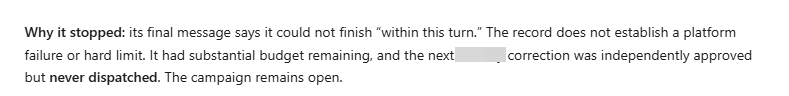 escartin's tweet photo. GPT-5.6 Sol (xhigh) drops the ball with no justification or apparent reason after 5h25m running. GPT-6 Astra confirms there was no reason.

It just quit.

Very much like a freelancer missing a deadline and taking the rest of the Sunday off. https://t.co/j8IQqub37E