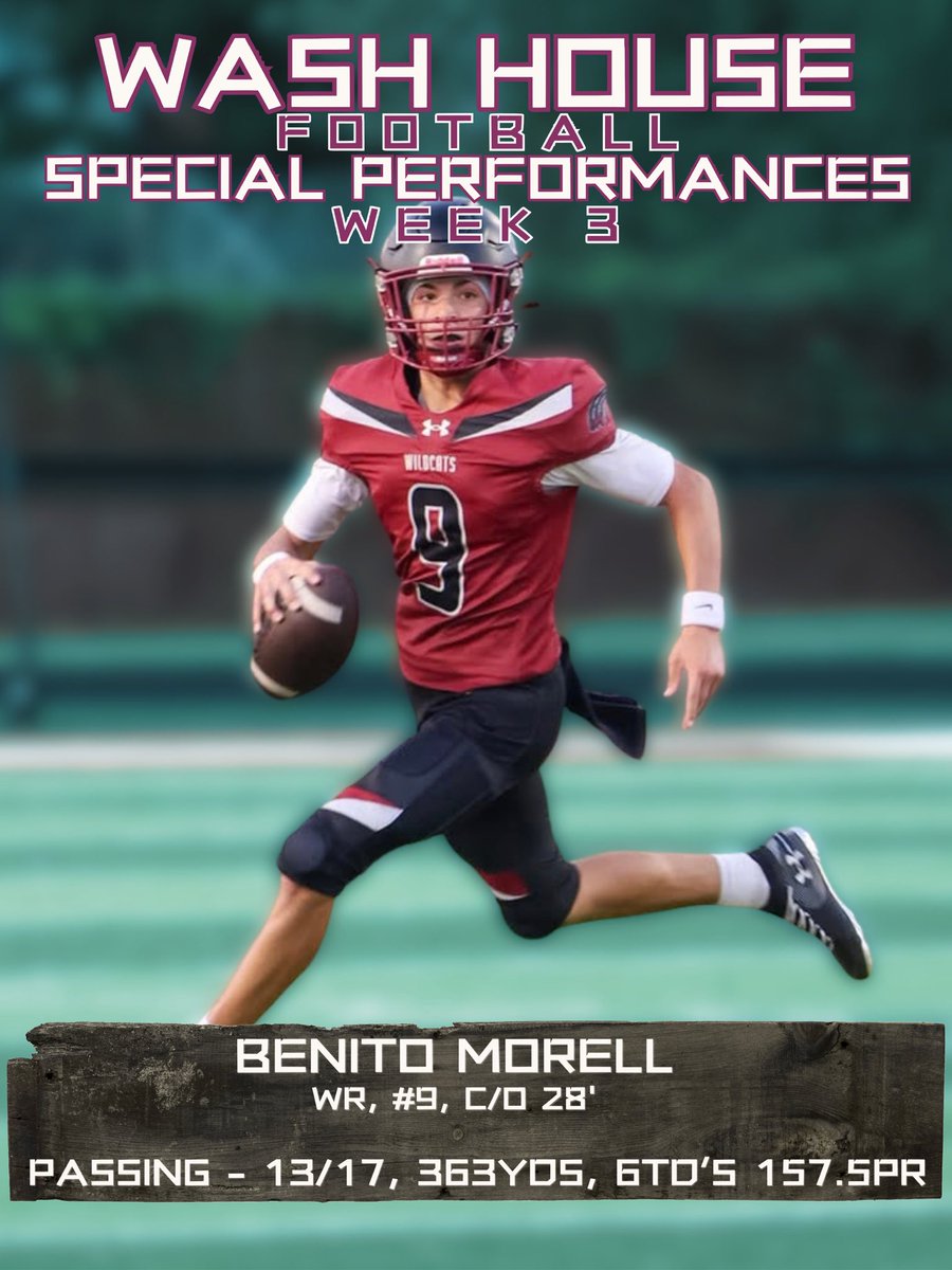WashHouseFB's tweet photo. Week 3 brought out another phenomenal performance from Junior QB Benito Morell along with Seniors WR CamRon Fields, and RB Khaliel Burns-Bey on the offensive side. On the defensive side Micah Neely made huge plays even registering a pick 6. #WhoseHouse #WashHouse #WildcatCounty https://t.co/UK7CM0vdbj