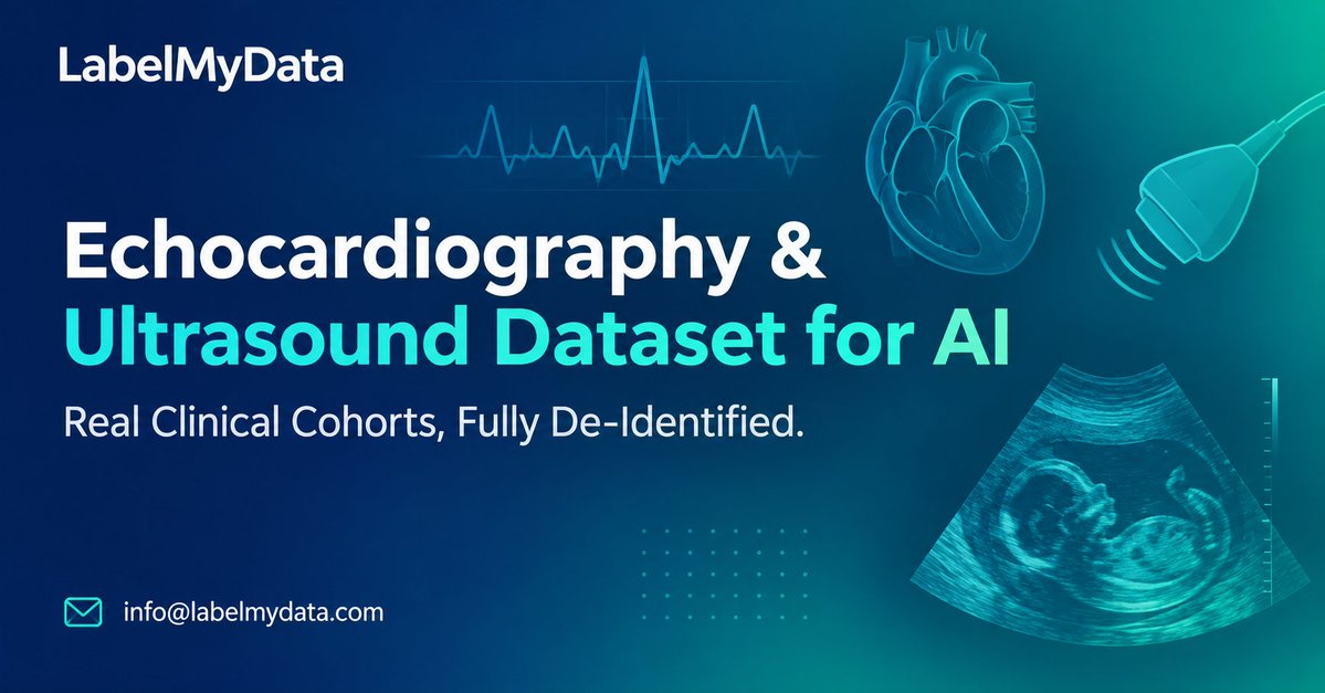 Labelmydata's tweet photo. Echocardiography & ultrasound dataset for AI โ real clinical cohorts, fully de-identified. Disease-confirmed, cardiologist-validated. DICOM-native, QC-verified.
๐ฉ info@labelmydata.com
#Echocardiography #Ultrasound #CardiacAI #MedicalAI #HealthcareAI #DICOM #HealthTech https://t.co/d4yyuAeROU