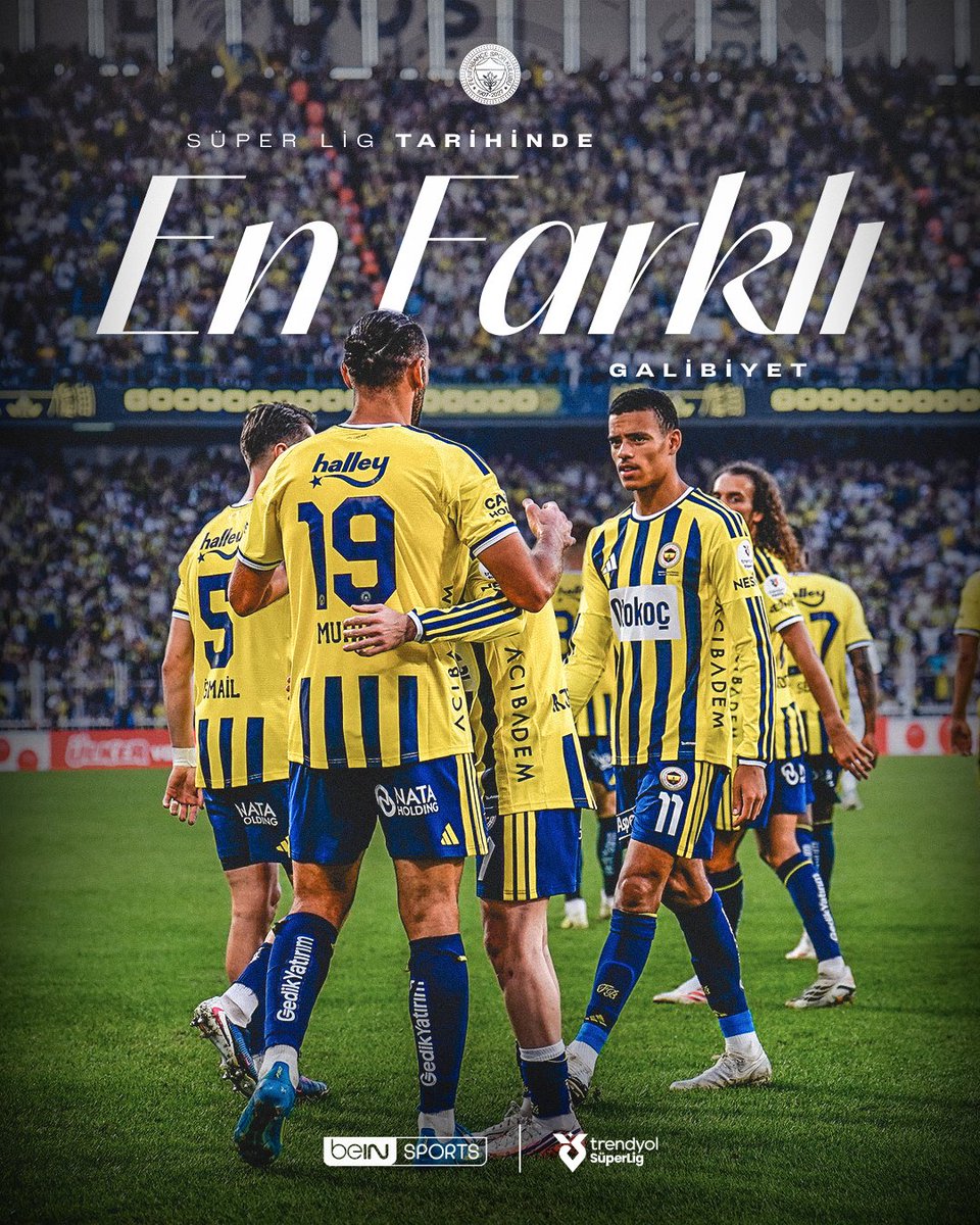 beINSPORTS_TR's tweet photo. 🟡🔵 Fenerbahçe, Eyüpspor karşısında aldığı 8-0'lık skorla Süper Lig’de kulüp tarihinin en farklı galibiyetini elde etti!

#FBvEYP #beINSPORTS https://t.co/yfDyjE21jx