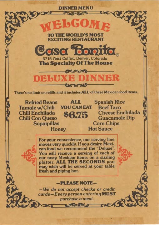 Coloradosearch1's tweet photo. Circa 1980 • Casa Bonita Menu! Loved going there when I was a kid. https://t.co/xhuKfGuGbE