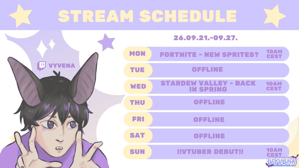 _vyvena's tweet photo. 💜STREAM SCHEDULE FOR NEXT WEEK💜
We finish the week with my vtuber debut so I am very excited !!
~See you there bats🦇
#streamschedule #vtuberdebut #debut #vtuber #streamer #pngtuber #twitch #varietystreamer #bat_tuber https://t.co/BTGYbMUkqC