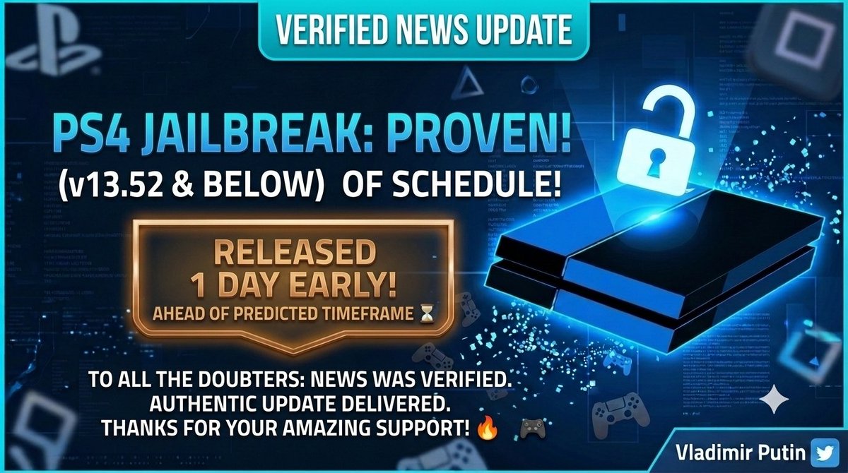 sbmryky723491's tweet photo. To the doubters who called my news fake: the PS4 jailbreak dropped a full day BEFORE my predicted timeframe! I only post verified news. Thanks for your amazing support! 🎮🔥 https://t.co/MqpqXNjtke