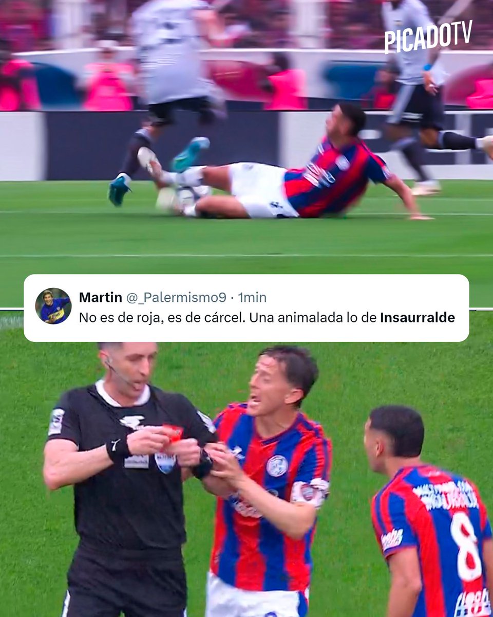 picadotv_'s tweet photo. "NO ES ROJA... ES CÁRCEL LO DE INSAURRALDE" ❌

¿Estuvo bien expulsado el jugador de San Lorenzo? 🤔

#boca #cabj #sanlorenzo #casla https://t.co/vNt5o4CjQ7