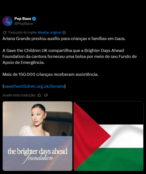 acervoarii's tweet photo. enquanto a internet segue levantando uma onda de hate contra a ariana, ela usa sua influencia para ajudar quem precisa: 

crianças e famílias na Palestina, jovens trans e LGBTQ+, saúde mental e crianças hospitalizadas. 

mas pelo visto uma foto no insta é mais importante https://t.co/cXti5vO76q