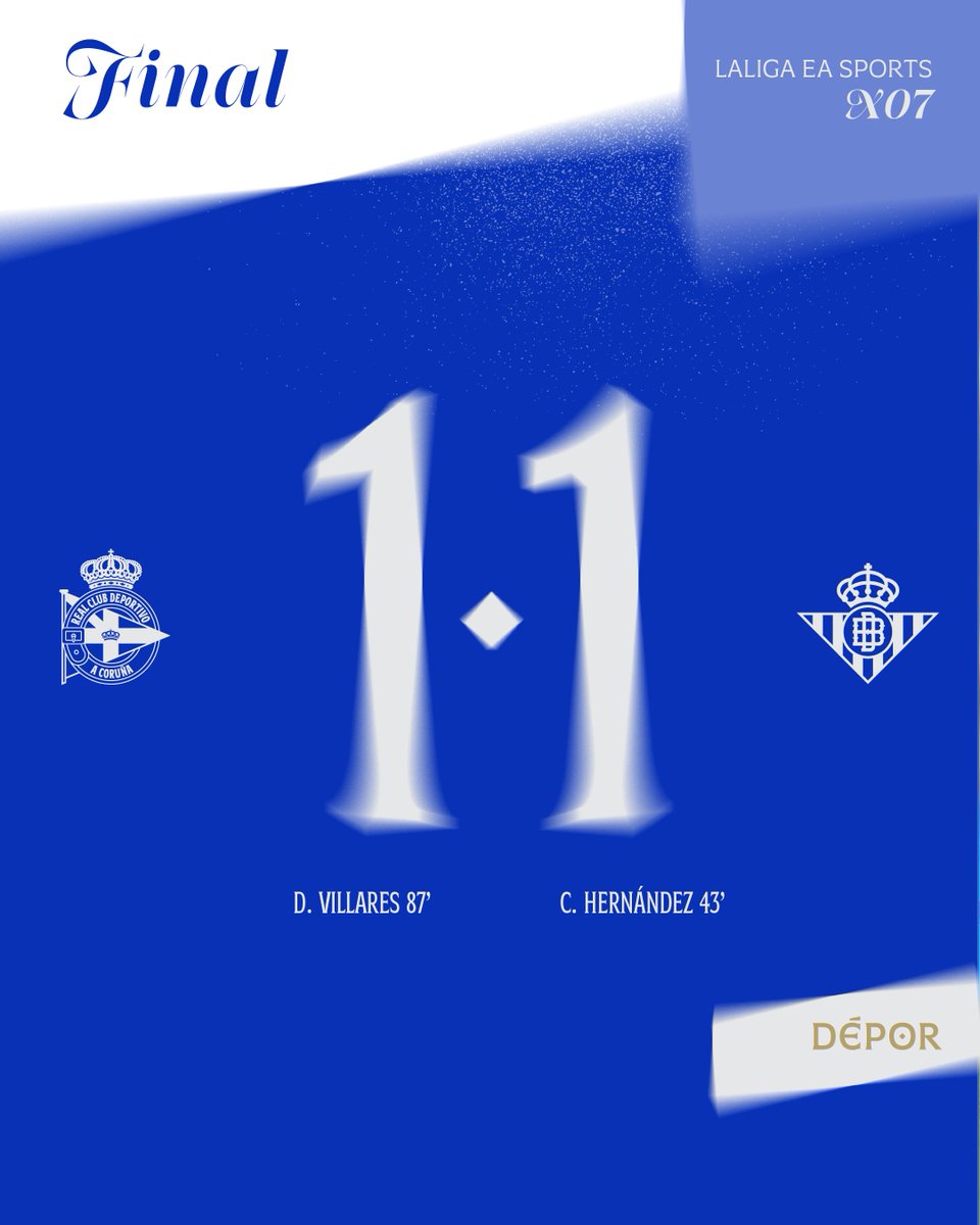 RCDeportivo's tweet photo. 🔚 Final do #DéporRealBetis

⚽️  | 1️⃣ - 1️⃣ | 

#LaLigaEASports https://t.co/nGKpxYY1os